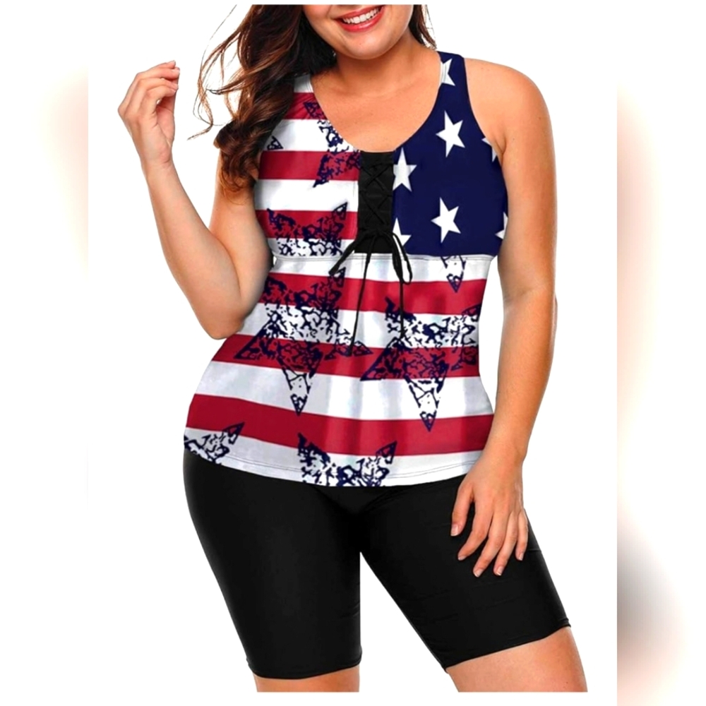 NWOT Lalagen Red and White Patriotic Tie Front Sleeveless Tankini